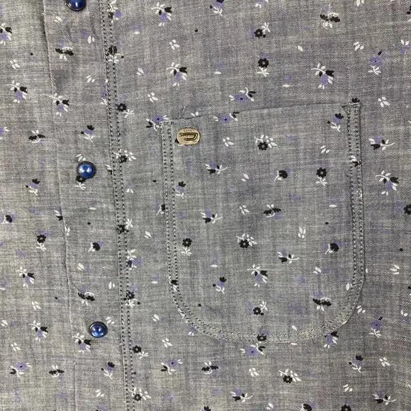 Nwot DIESEL Shirt M Grey Floral Blue-Snaps Logo Pocket Long-Sleeve Cotton“Sermon